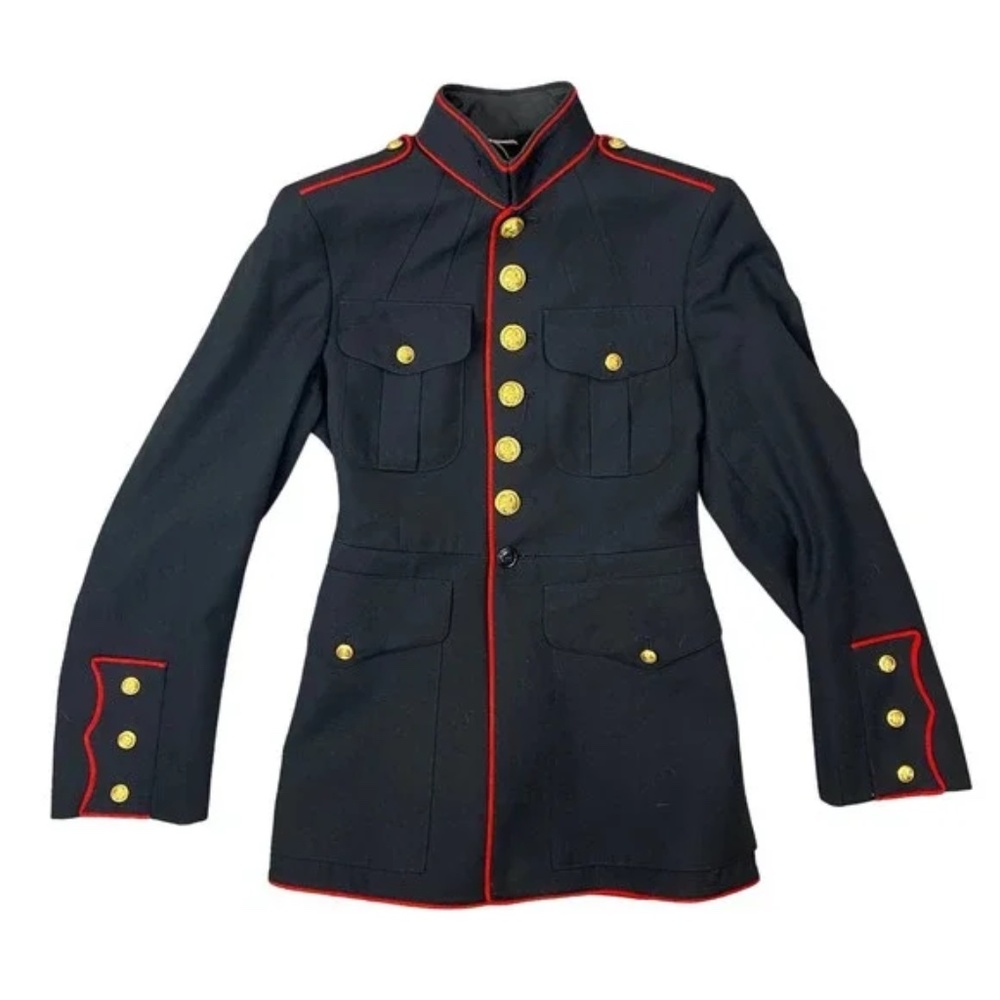 Navy Blue Wool Military Jacket Gold Eagle with Anchor Buttons Red Piping